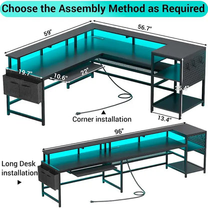 L Shaped Computer Desk Gaming Desk Keyboard Tray Power Outlets & LED