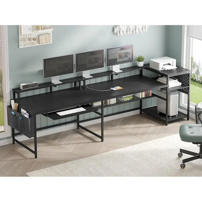 L Shaped Computer Desk Gaming Desk Keyboard Tray Power Outlets & LED