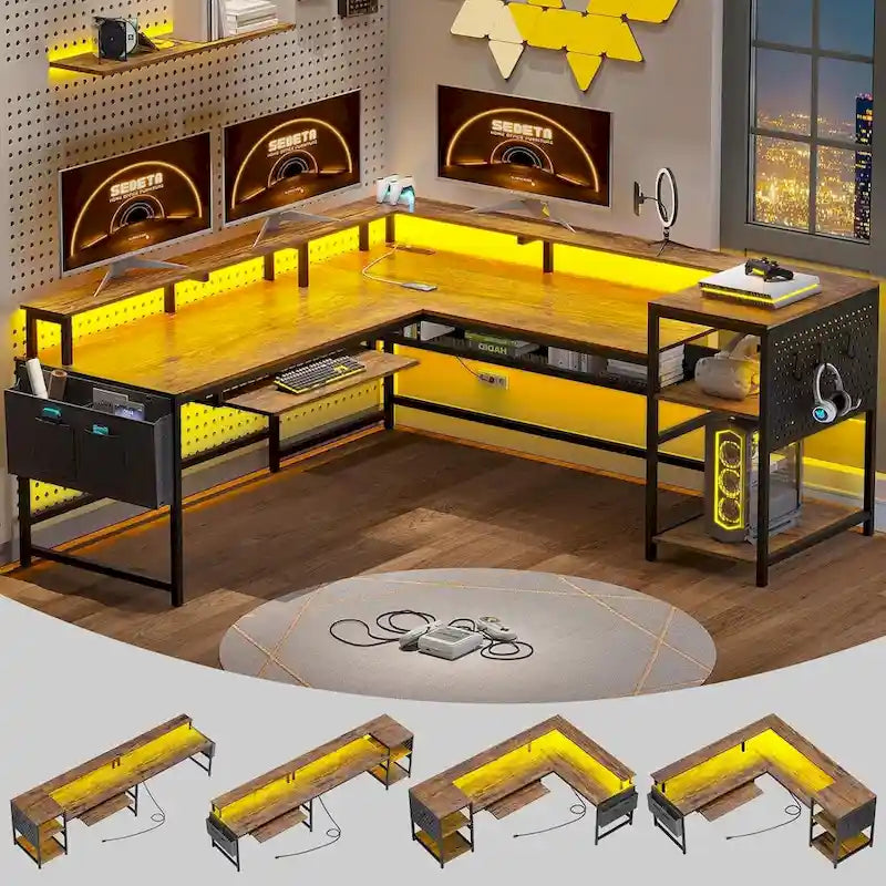 L Shaped Computer Desk Gaming Desk Keyboard Tray Power Outlets & LED