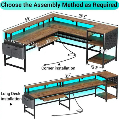 L Shaped Computer Desk Gaming Desk Keyboard Tray Power Outlets & LED