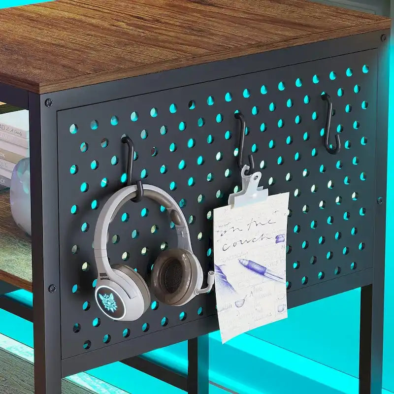 L Shaped Computer Desk Gaming Desk Keyboard Tray Power Outlets & LED