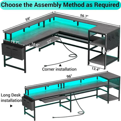 L Shaped Computer Desk Gaming Desk Keyboard Tray Power Outlets & LED