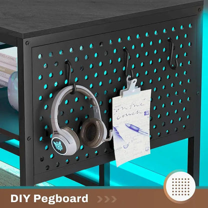 L Shaped Computer Desk Gaming Desk Keyboard Tray Power Outlets & LED
