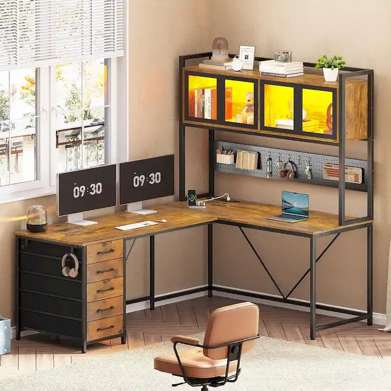 L Shaped Gaming Desk Computer Desk Pegboard 5 Drawers Storage Shelf