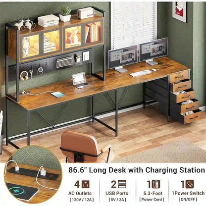 L Shaped Gaming Desk Computer Desk Pegboard 5 Drawers Storage Shelf