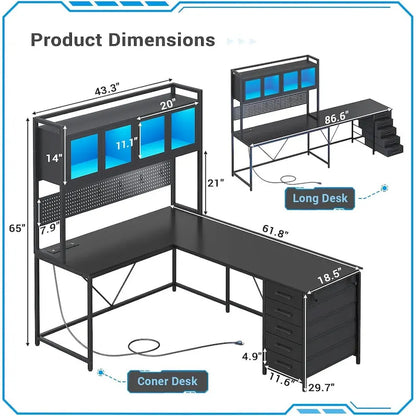 L Shaped Gaming Desk Computer Desk Pegboard 5 Drawers Storage Shelf