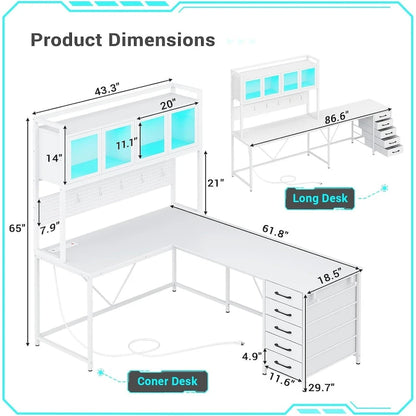 L Shaped Gaming Desk Computer Desk Pegboard 5 Drawers Storage Shelf