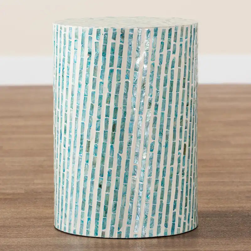 Draven Modern Bohemian White and Blue Mother of Pearl End Table