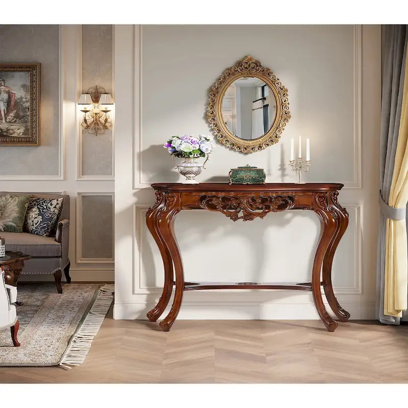Elegant Carved Design Two-Tier Console Table for Living Room Entryway