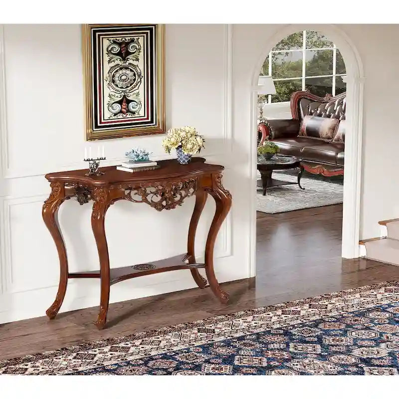 Elegant Carved Design Two-Tier Console Table for Living Room Entryway