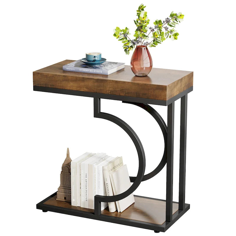 2 Tiers C Shaped Narrow End Chairside Table for Living Room