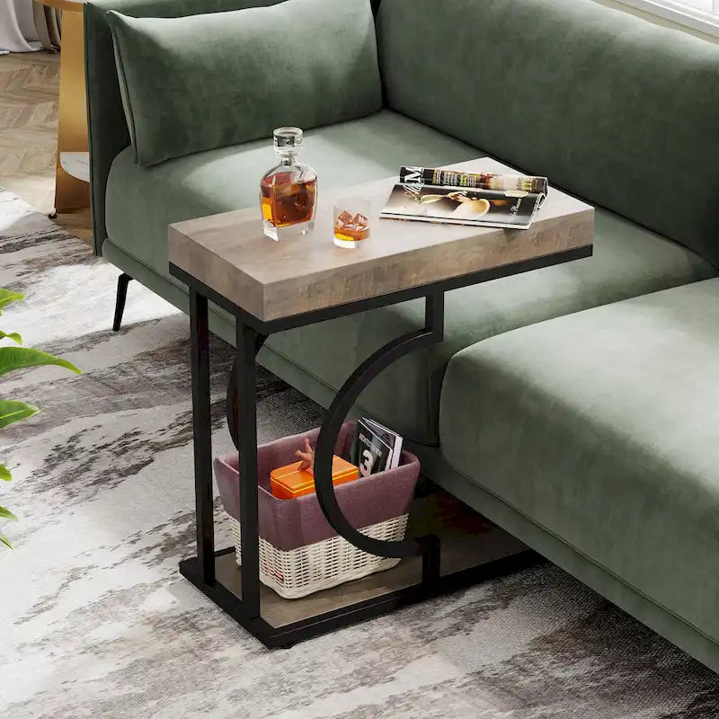 2 Tiers C Shaped Narrow End Chairside Table for Living Room