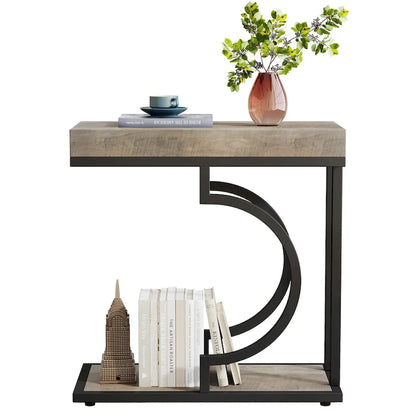2 Tiers C Shaped Narrow End Chairside Table for Living Room