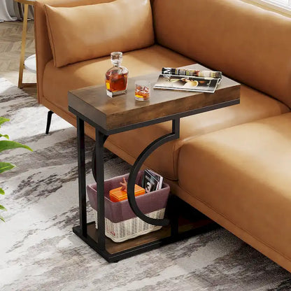 2 Tiers C Shaped Narrow End Chairside Table for Living Room