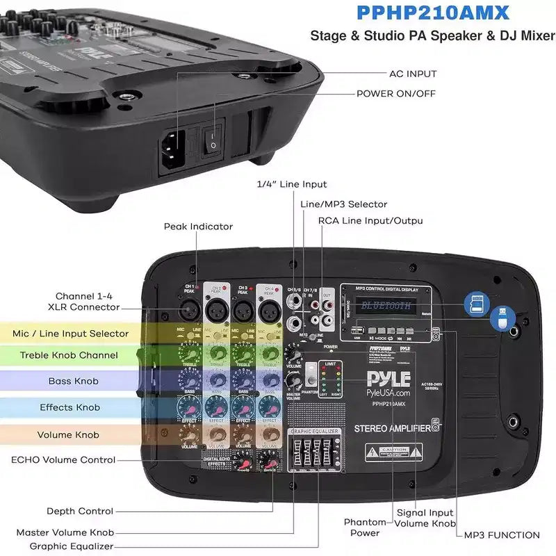 Pyle 10 Bluetooth PA Speaker & DJ Mixer Kit with LED Lights, 8-Ch. Mixer, and Microphone - PPHP210AMX