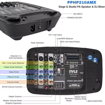 Pyle 10 Bluetooth PA Speaker & DJ Mixer Kit with LED Lights, 8-Ch. Mixer, and Microphone - PPHP210AMX