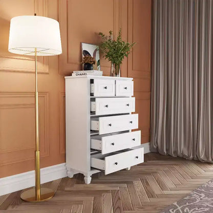 Comò verticale moderno Famapy bianco a 6 cassetti con gambe robuste e maniglie in metallo