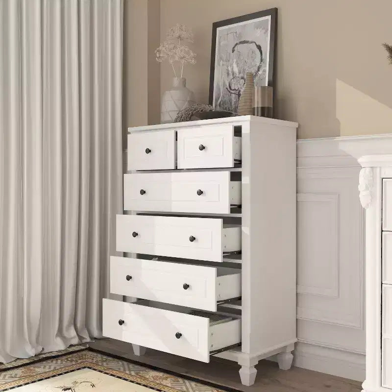 Comò verticale moderno Famapy bianco a 6 cassetti con gambe robuste e maniglie in metallo
