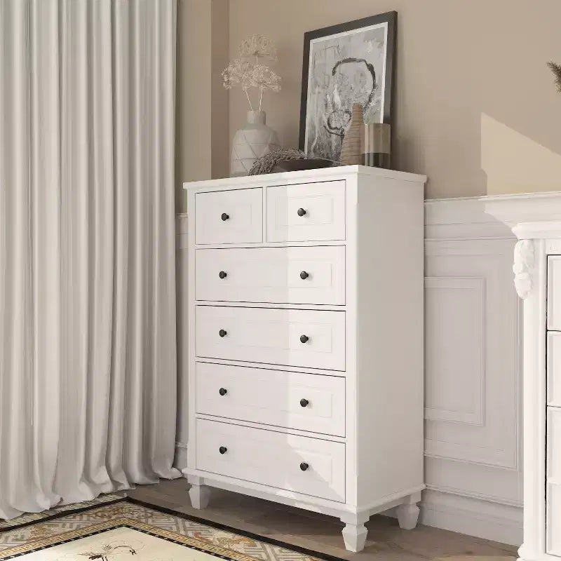 Comò verticale moderno Famapy bianco a 6 cassetti con gambe robuste e maniglie in metallo
