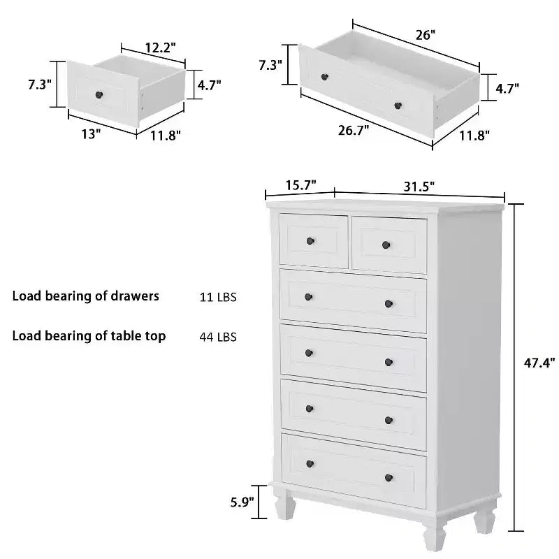 Comò verticale moderno Famapy bianco a 6 cassetti con gambe robuste e maniglie in metallo