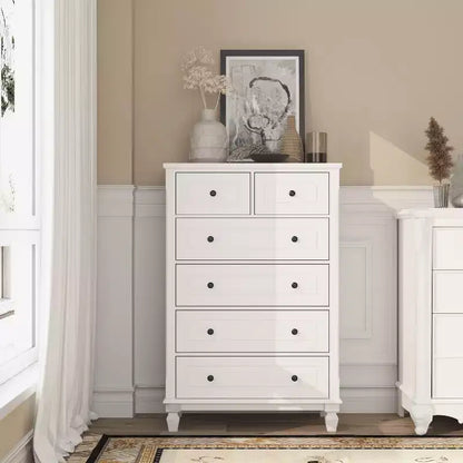 Comò verticale moderno Famapy bianco a 6 cassetti con gambe robuste e maniglie in metallo