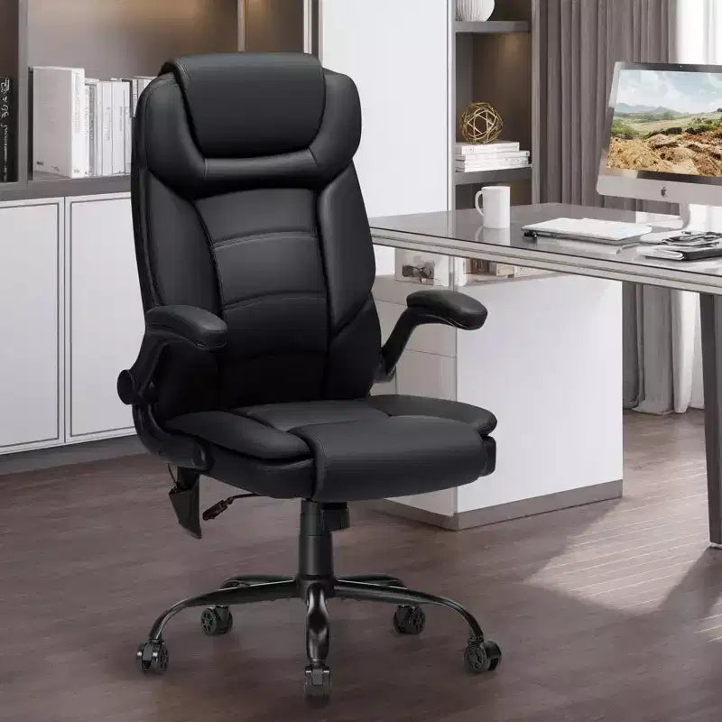 Hoffree Leather Reclining Office Chair Ergonomic Swivel Chair with Inflatable Lumbar Support & Armrest