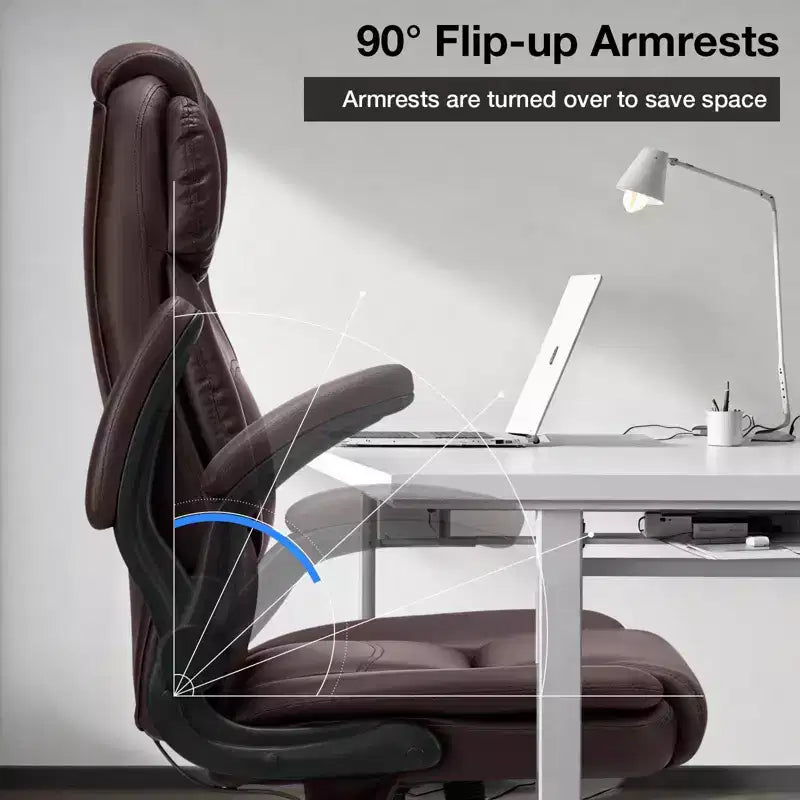 Hoffree Leather Reclining Office Chair Ergonomic Swivel Chair with Inflatable Lumbar Support & Armrest