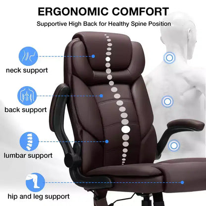 Hoffree Leather Reclining Office Chair Ergonomic Swivel Chair with Inflatable Lumbar Support & Armrest