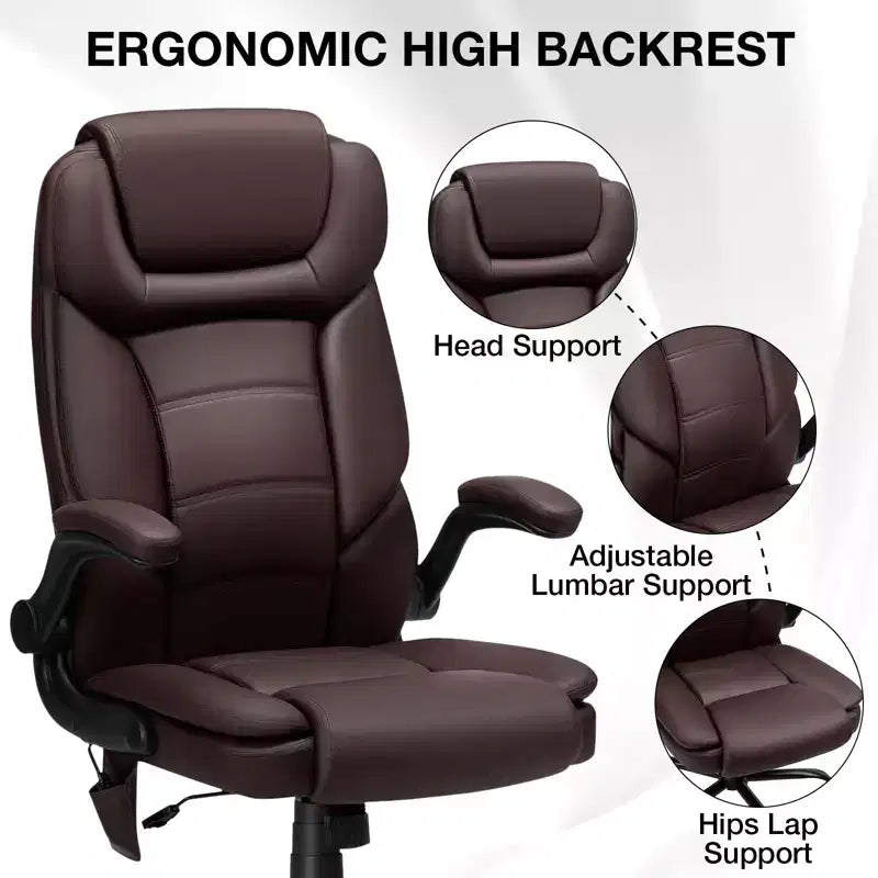 Hoffree Leather Reclining Office Chair Ergonomic Swivel Chair with Inflatable Lumbar Support & Armrest