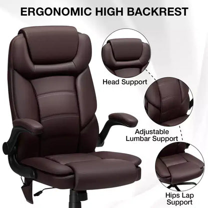 Hoffree Leather Reclining Office Chair Ergonomic Swivel Chair with Inflatable Lumbar Support & Armrest