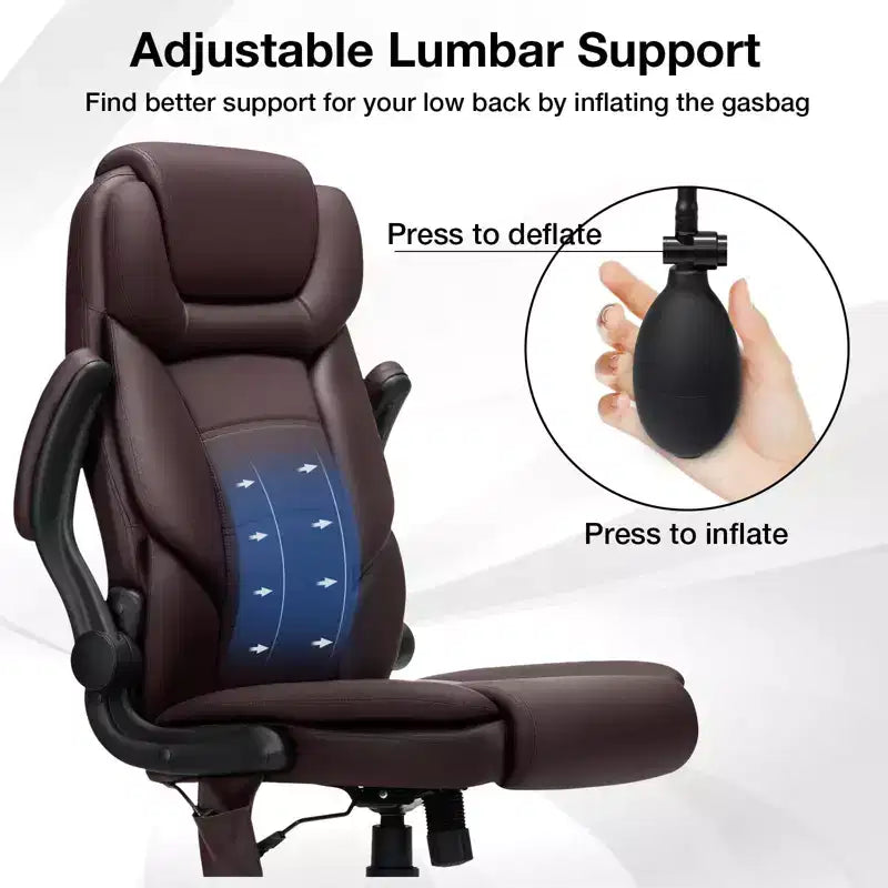 Hoffree Leather Reclining Office Chair Ergonomic Swivel Chair with Inflatable Lumbar Support & Armrest