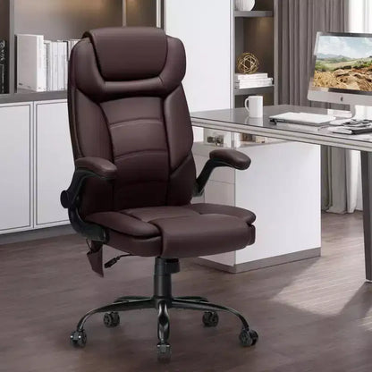 Hoffree Leather Reclining Office Chair Ergonomic Swivel Chair with Inflatable Lumbar Support & Armrest