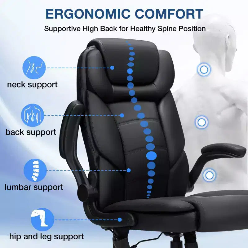 Hoffree Leather Reclining Office Chair Ergonomic Swivel Chair with Inflatable Lumbar Support & Armrest