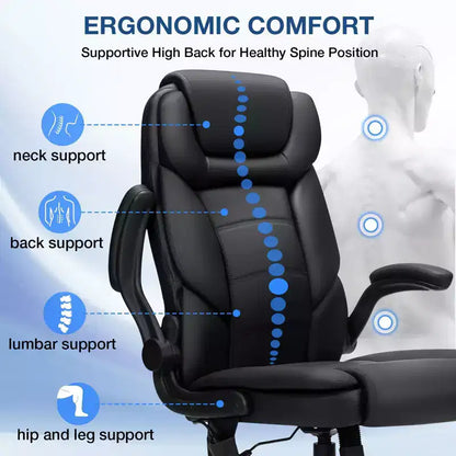 Hoffree Leather Reclining Office Chair Ergonomic Swivel Chair with Inflatable Lumbar Support & Armrest