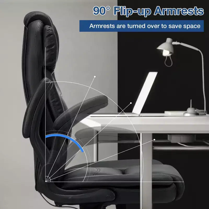 Hoffree Leather Reclining Office Chair Ergonomic Swivel Chair with Inflatable Lumbar Support & Armrest