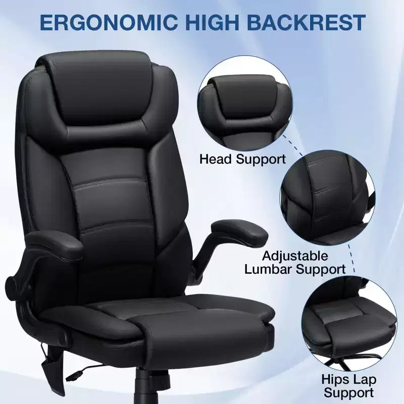 Hoffree Leather Reclining Office Chair Ergonomic Swivel Chair with Inflatable Lumbar Support & Armrest
