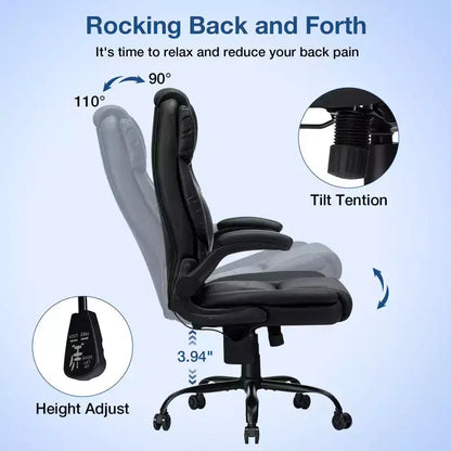 Hoffree Leather Reclining Office Chair Ergonomic Swivel Chair with Inflatable Lumbar Support & Armrest