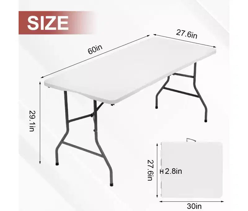 Tavolo Pieghevole Portatile da 1,5 metri in Plastica HDPE, da Interno/Esterno, Pieghevole a Metà, Bianco, per 6-8 Persone