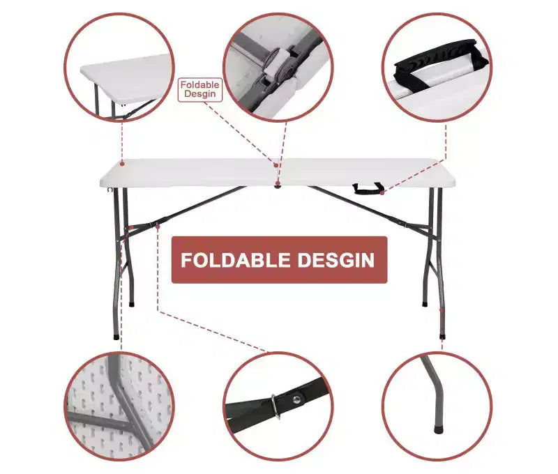 Tavolo Pieghevole Portatile da 1,5 metri in Plastica HDPE, da Interno/Esterno, Pieghevole a Metà, Bianco, per 6-8 Persone