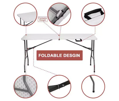 Tavolo Pieghevole Portatile da 1,5 metri in Plastica HDPE, da Interno/Esterno, Pieghevole a Metà, Bianco, per 6-8 Persone