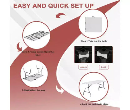 Tavolo Pieghevole Portatile da 1,5 metri in Plastica HDPE, da Interno/Esterno, Pieghevole a Metà, Bianco, per 6-8 Persone