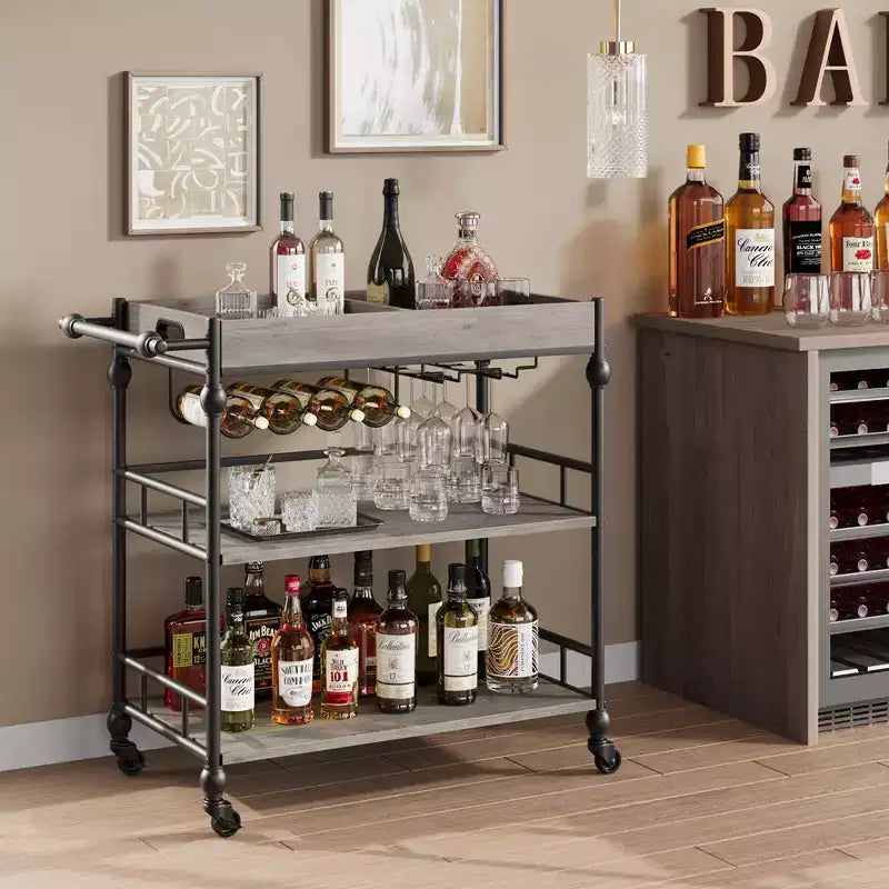Bar Cart, Bar Carts for the Home, 3 Tier Serving Cart with Wheels, Metal Cart with Wine Rack & Removable Tray for Kitchen, Dining Room