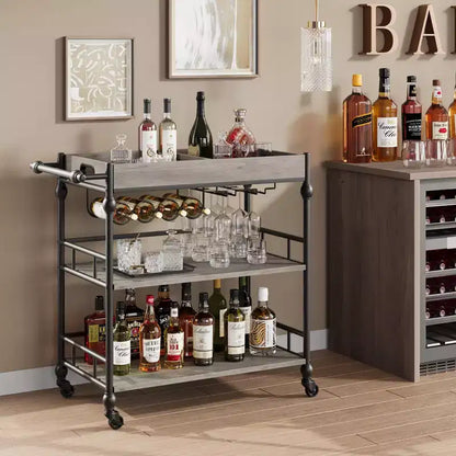 Bar Cart, Bar Carts for the Home, 3 Tier Serving Cart with Wheels, Metal Cart with Wine Rack & Removable Tray for Kitchen, Dining Room