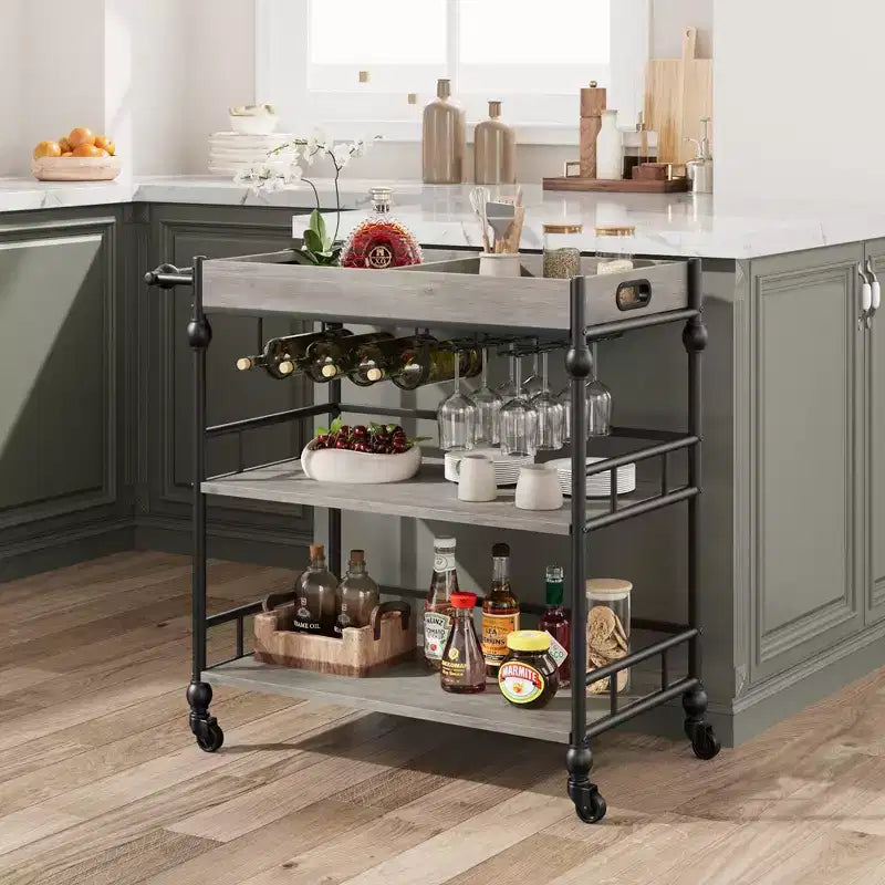Bar Cart, Bar Carts for the Home, 3 Tier Serving Cart with Wheels, Metal Cart with Wine Rack & Removable Tray for Kitchen, Dining Room