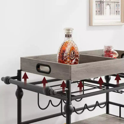 Bar Cart, Bar Carts for the Home, 3 Tier Serving Cart with Wheels, Metal Cart with Wine Rack & Removable Tray for Kitchen, Dining Room