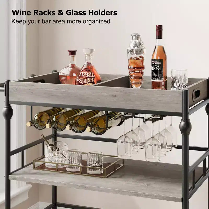 Bar Cart, Bar Carts for the Home, 3 Tier Serving Cart with Wheels, Metal Cart with Wine Rack & Removable Tray for Kitchen, Dining Room