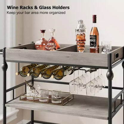 Bar Cart, Bar Carts for the Home, 3 Tier Serving Cart with Wheels, Metal Cart with Wine Rack & Removable Tray for Kitchen, Dining Room