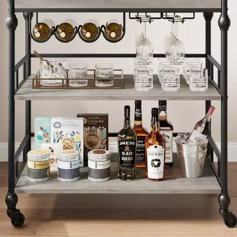 Bar Cart, Bar Carts for the Home, 3 Tier Serving Cart with Wheels, Metal Cart with Wine Rack & Removable Tray for Kitchen, Dining Room