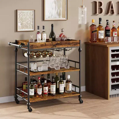 Bar Cart, Bar Carts for the Home, 3 Tier Serving Cart with Wheels, Metal Cart with Wine Rack & Removable Tray for Kitchen, Dining Room
