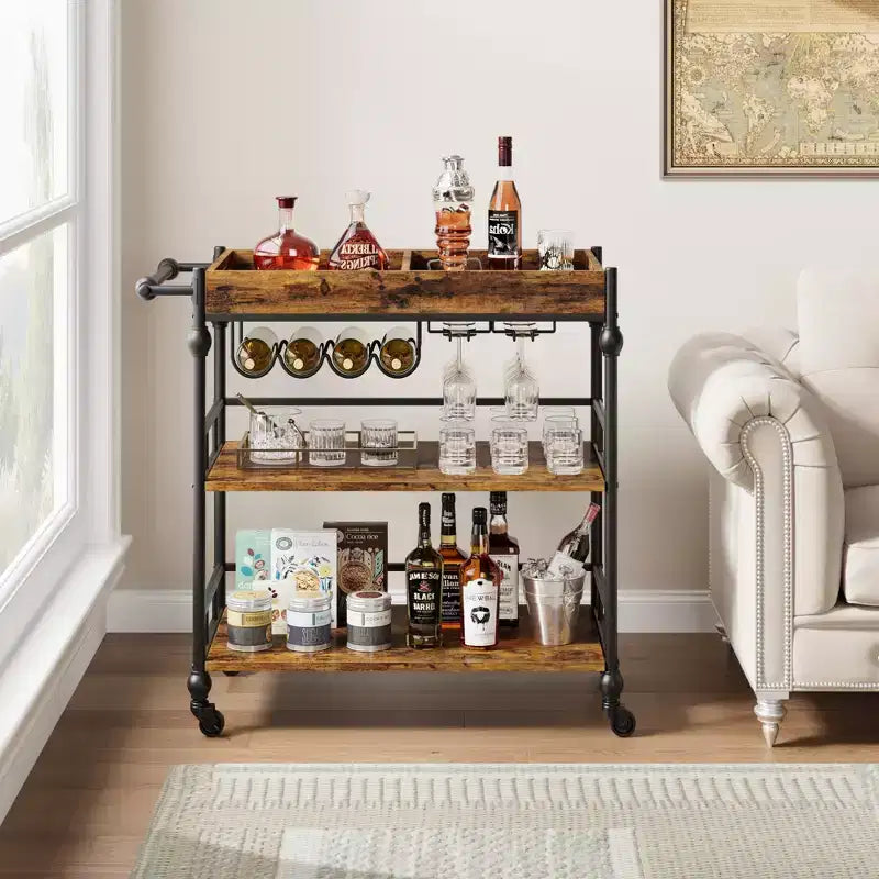 Bar Cart, Bar Carts for the Home, 3 Tier Serving Cart with Wheels, Metal Cart with Wine Rack & Removable Tray for Kitchen, Dining Room